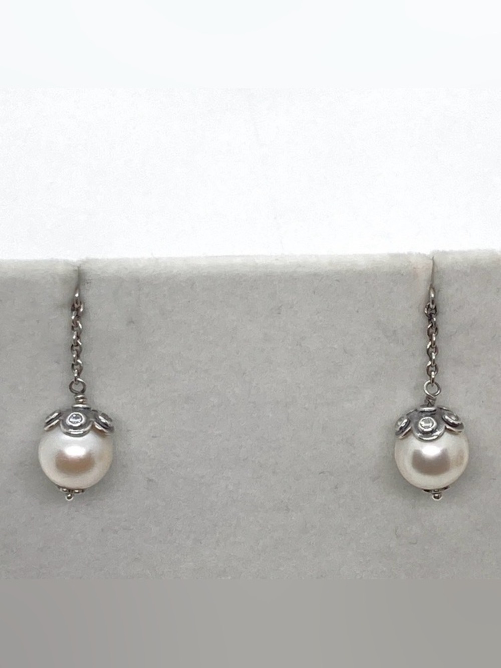 Pandora Sterling Classic Beauty White Pearl CZ Compose Dangle Earrings #290611P